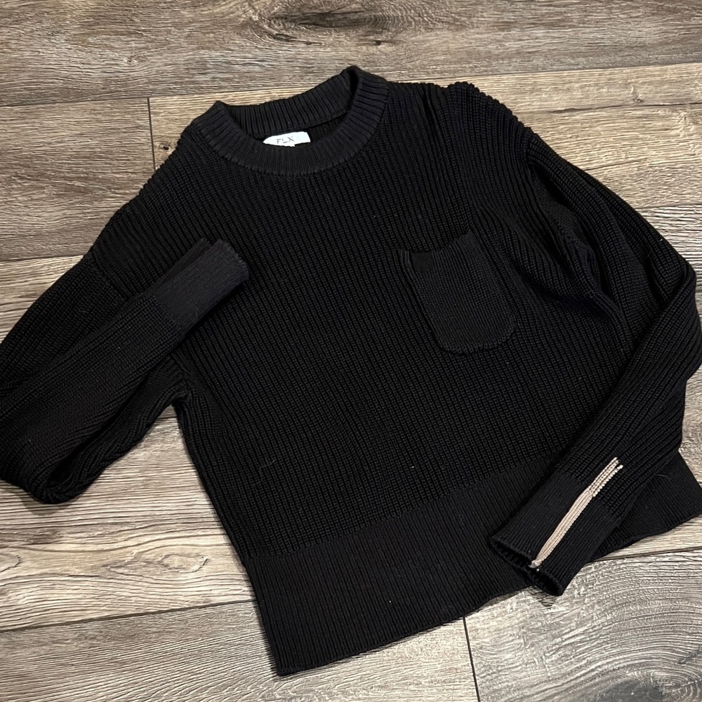 Black Ribbed Sweater with Pocket